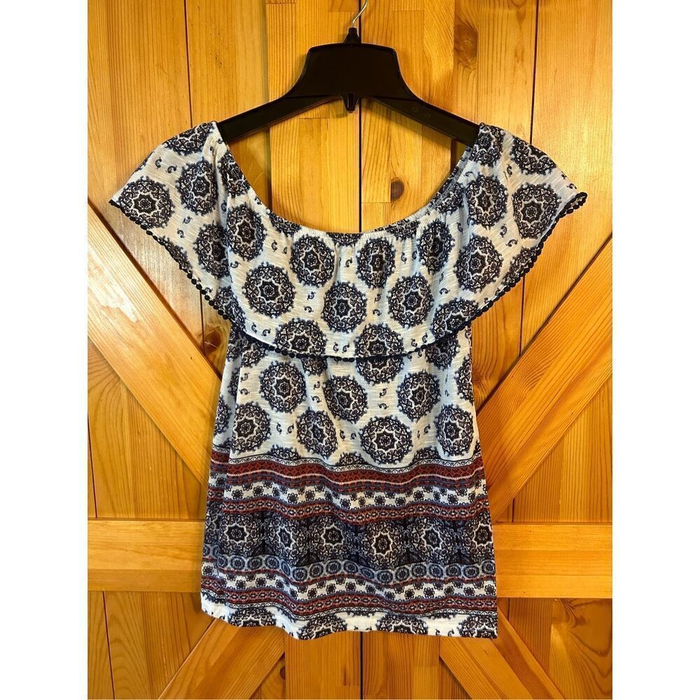 Just Be Womens Boho Ruffle Short Sleeve Top Size Small (3980)